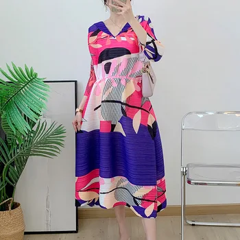 Великолепное плиссированное платье на завязках 2023, летнее Новое женское длинное платье с контрастным принтом трапециевидной формы с V-образным вырезом