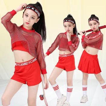 4ШТ девочек Красный Крутой танцевальный костюм для бальных танцев в стиле джаз-хип-хоп, топы, шорты, сетчатая блузка для детской танцевальной одежды, наряды