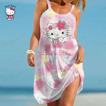 Сексуальное Мини-Платье С Круглым Вырезом Для Женщин, Модные Платья Без Рукавов С Принтом Hello Kitty, Женское Элегантное Платье, Летнее Vestido Mujer