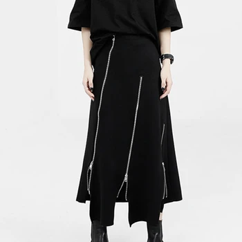 Черные женские юбки трапециевидной формы в стиле панк, Harajuku, асимметричная юбка миди на молнии с высокой талией, женская модная уличная длинная юбка