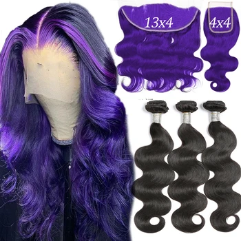 Выделите Фиолетовые пучки человеческих волос 100% Remy с фронтальной перуанской объемной волной, пучки с закрытием Прозрачным кружевом 4x4 HD