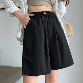 Женские черные шорты Gidyq с высокой талией, летние Модные Женские свободные широкие брюки, повседневные шорты на пуговицах с универсальным корейским дизайном