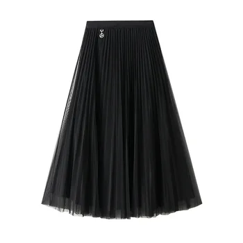 2023 Весенняя Женская юбка-трапеция средней длины в складку, Летняя Длинная сетчатая юбка с металлической пряжкой, двусторонняя одежда, Черная юбка из тюля, женская юбка