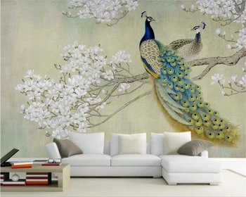 beibehang фотообои 3d papel de parede китайская ткань комната спальня ТВ фон птица павлин большая фреска магнолия обои