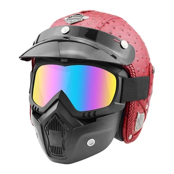 Шлем с открытым лицом из искусственной кожи, мотор 3/4, мотоциклетные шлемы, винтажные мотоциклетные головные уборы для мотокросса с козырьком