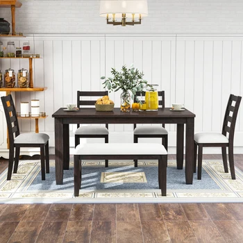 Обеденный стол из 6 предметов в деревенском стиле, минималистичный современный кухонный стол для ресторана с 4 мягкими стульями и скамейкой