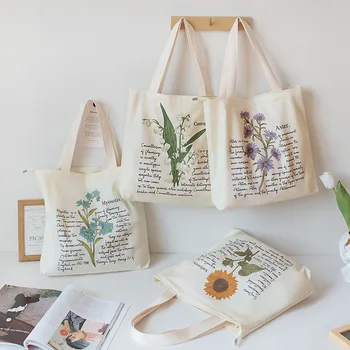 Винтажная холщовая сумка с цветочным рисунком, женские эко-сумки для покупок многоразового использования, сумка через плечо Kpop, веганская графическая сумка-тоут для девочек