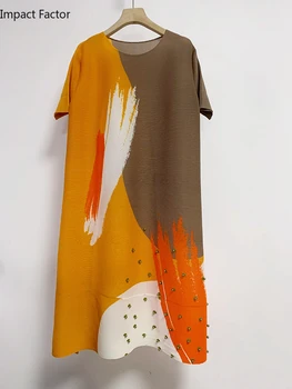 Плиссированное платье с круглым вырезом и короткими рукавами, Свободное женское повседневное платье с шипами и принтом, Новинка лета 2023