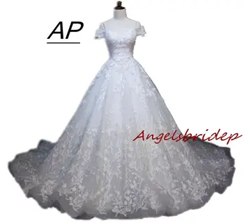 ANGELSBRIDEP 2 STORE Свадебные платья с коротким рукавом и V-образным вырезом, блестящие кристаллы, Vestidos Novia, вечерние платья принцессы с длинным шлейфом Невесты
