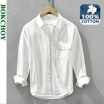 2023 Весна Новые простые белые рубашки мужские повседневные из 100% хлопка Свежая мужская одежда C8816