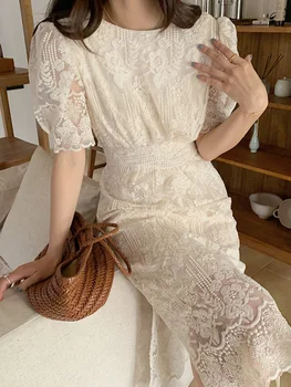 Вышитое кружевное Длинное платье, женское летнее платье Миди с цветочным вырезом и крючком, женское милое Винтажное Корейское вечернее платье с пышными рукавами.
