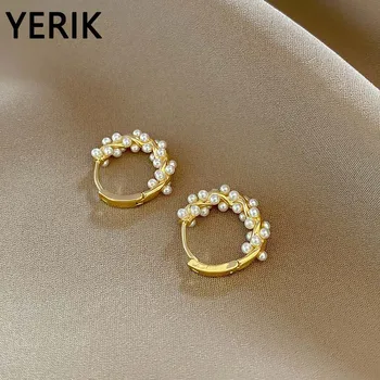 Винтажные круглые серьги-кольца для женщин, золотые жемчужные украшения ручной работы, Корейские модные украшения 2023 года, модные Рождественские серьги