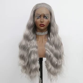 Серый цвет, 30-дюймовый синтетический парик на кружеве 13x4, объемная волна, косплей, Термостойкие Парики для женщин, предварительно выщипанные, 180 Плотность Aiva