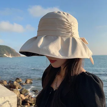 Новый виниловый зонт и солнцезащитная шляпа Женская Летняя уличная солнцезащитная шляпа Модная рыбацкая шляпа с бантом