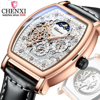 Классические мужские Квадратные автоматические часы бренда CHENXI, Роскошные кожаные водонепроницаемые механические часы с турбийоном, Деловые мужские наручные часы