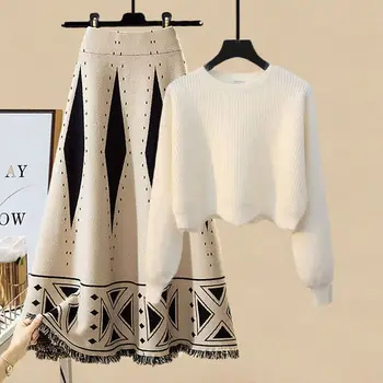 Женские весенние комплекты из двух предметов, теплый вязаный Корейский пуловер с длинным рукавом, свитер, топ и юбки с завышенной талией, комплекты