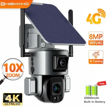 4K 8MP Двухобъективная Солнечная камера 4G Sim-карта 10-кратный оптический зум Беспроводной WIFI Видеонаблюдение Защита безопасности IP-камера видеонаблюдения