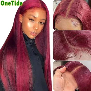 Бордовые прямые парики из человеческих волос с обесцвеченными узлами, 13x4 прозрачных HD 99J, Бордовый парик из человеческих волос с кружевом спереди
