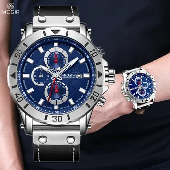 MEGIR Watch Мужские военно-спортивные наручные часы из водонепроницаемой кожи с кварцевым хронографом и календарем, светящиеся часы, мужские часы 2081 г.