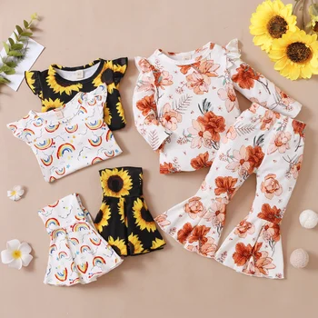 FOCUSNORM, 3 цвета, комплекты одежды из 2 предметов для новорожденных девочек, пуловеры с длинными рукавами и цветочным принтом, эластичные брюки-клеш от 0 до 4 лет