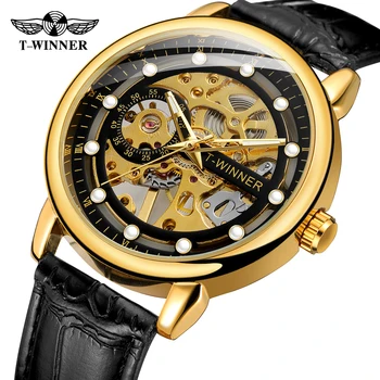 Мужские ретро-прозрачные часы со скелетом, наручные часы с механическим ручным заводом, светящиеся золотые часы с кожаным ремешком Relogio, приятный подарок