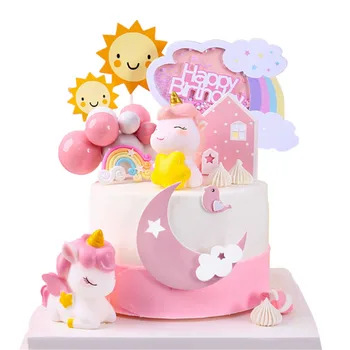 Украшение торта на день рождения в виде мультяшного Единорога, Золотая Звезда, Розовая Радуга, Декор торта в виде лошади Для детей и девочек, Топперы для торта на День рождения