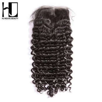 HJ WEAVE BEAUTY Перуанское Кружевное Закрытие Глубокая Волна Remy Hair 4x4100% Закрытие Человеческих Волос Бесплатная Доставка