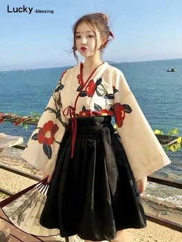 Винтажное японское платье с цветочным рисунком, Длинное Кимоно Janpanse, женская традиционная юбка, одежда Kawaii, азиатское платье для девочек, Комплект халатов для косплея