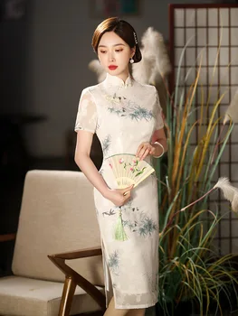 Традиционное женское ципао в китайском стиле с коротким рукавом, элегантное облегающее платье-чонсам с высоким разрезом