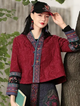 2022 Зимний кардиган с этнической вышивкой Hanfu с V-образным вырезом, короткое пальто, женский винтажный костюм эпохи Тан, стеганая куртка в китайском стиле с длинным рукавом