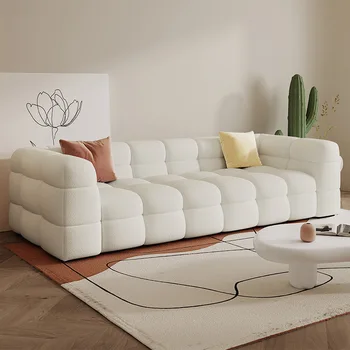 Минимализм, трехместный диван из ткани кремового цвета в клетку для гостиной Небольшой квартиры