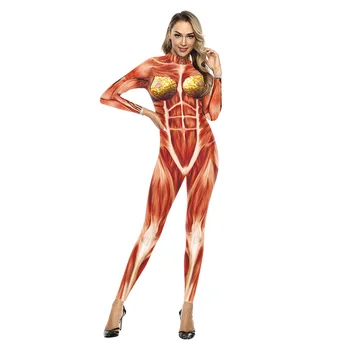 Женщины мышцы человеческого тела 3D печати комбинезон эластичные обтягивающие боди Хэллоуин косплей костюмы партии ролевые игры платье наряд