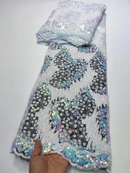 Кружевная ткань с пайетками в нигерийском стиле 2023, белое высококачественное Африканское кружево, французский тюль, кружевные ткани с вышивкой пайетками для вечернего платья