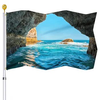 Морская Пещера Флаг Пляж Океан Море Живописный Двойной Сшитый Камень Вид На Пещеру Декоративные Флаги 2 Втулки для Дома В помещении На Открытом воздухе