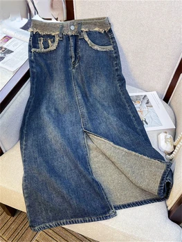 Джинсовая юбка для женщин, новинка 2023 года, корейская модная юбка миди с разрезом, офисные женские шикарные повседневные юбки трапециевидной формы