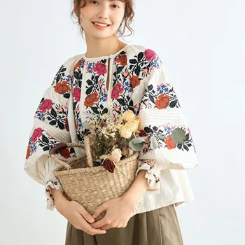 TEELYNN Винтажные хлопчатобумажные блузки с цветочной вышивкой для женщин, повседневные рубашки с круглым вырезом и длинным рукавом, осень 2022, свободная рубашка в стиле бохо, блузка