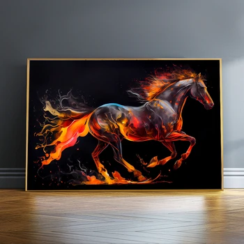 Бегущие лошади с горящим красным Огнем, современные Абстрактные животные, Граффити, живопись на холсте, Настенные плакаты, Домашние Фотографии, Декор