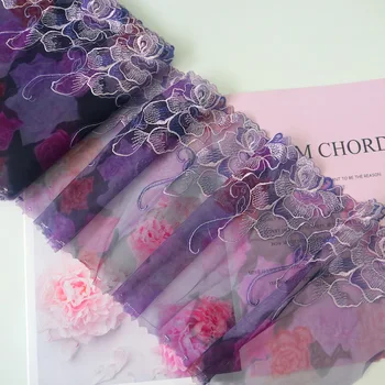 2 ярда 22 см Ширина Фиолетовый Печатный Цветок Вышивка Сетка Кружевные Планки DIY Швейное Ремесло Кружевные Ткани для Одежды YLHB531