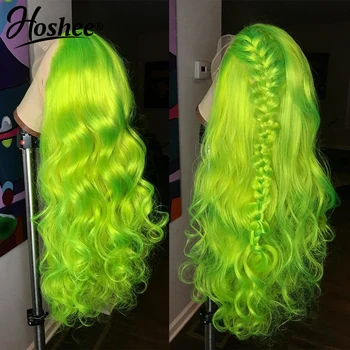 Флуоресцентный Зеленый Парик Шнурка 13x6 HD Человеческие Волосы 200% Высокой Плотности Объемная Волна Кружева Фронтальные Парики Для Женщин Цветные Парики Человеческих Волос