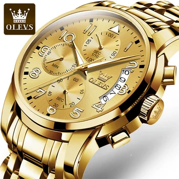 OLEVS Мужские водонепроницаемые спортивные наручные часы с хронографом из нержавеющей стали Золото 2023 года, новая мода, топовый бренд класса люкс