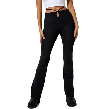 2022 Новые сексуальные черные брюки для женщин, эластичные женские брюки с высокой талией, дизайнерские расклешенные брюки с вырезами