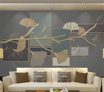 большие фрески wellyu на заказ, листья гинкго в китайском стиле, геометрические линии с золотым тиснением, фоновые обои для гостиной