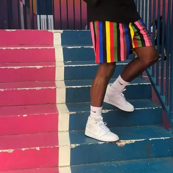 Спортивные шорты EE Модного бренда в цветную полоску с принтом, свободные сетчатые дышащие повседневные баскетбольные штаны для бега, мужские и женские брюки