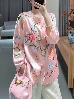 Винтажное женское атласное блузочное пальто с цветочной вышивкой в китайском стиле.