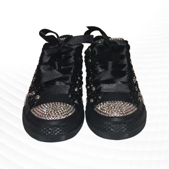 Черный низкий верх, жемчуг, стразы, лента, парусиновая обувь в индивидуальном стиле, интегрированная спортивная повседневная обувь, женская обувь 35-46