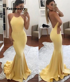 Желтое формальное вечернее платье на бретелях 2023, длинное платье для выпускного вечера с иллюзией сексуальной спины, robe de soiree