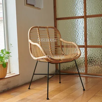 Стулья для гостиной из ротанга, Мебель для дома, Железное кресло со спинкой в скандинавском стиле из натурального ротанга, Плетеное кресло для макияжа ручной работы