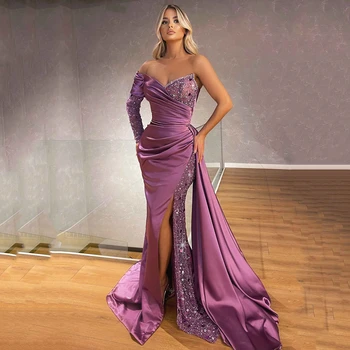 Платье для выпускного вечера с блестками и рукавом Фиолетовое вечернее платье 