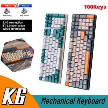 Механическая клавиатура K6, 100 клавишных клавишных колпачков, Беспроводная RGB 5.0 BT, 2,4 ГГц, проводная, 3 режима, профиль Bluetooth, игровые клавиатуры, Pc Gamer