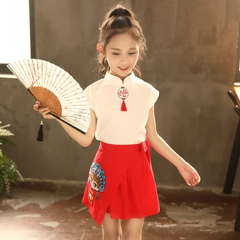 Комплекты одежды для девочек-подростков, костюмы для детской вечеринки в китайском стиле, хлопковая футболка + юбки, 2 предмета, школьная одежда принцессы для детей от 3 до 14 лет